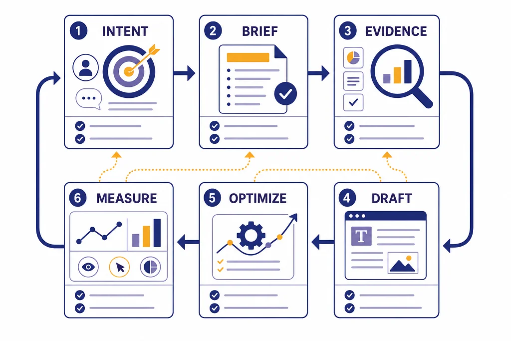 SEO Workflow Board Workflow board with cards labeled INTENT, BRIEF, EVIDENCE, DRAFT, OPTIMIZE, and MEASURE in a loop.