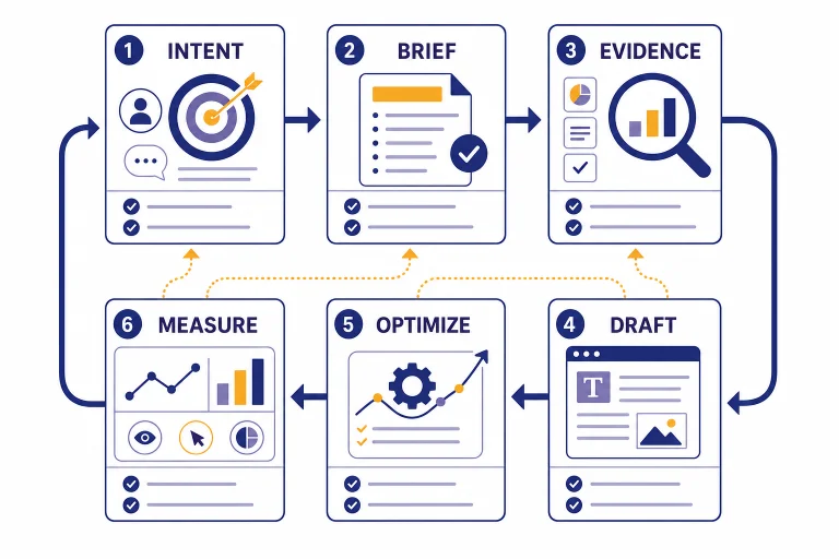 Workflow board with cards labeled INTENT, BRIEF, EVIDENCE, DRAFT, OPTIMIZE, and MEASURE in a loop.
