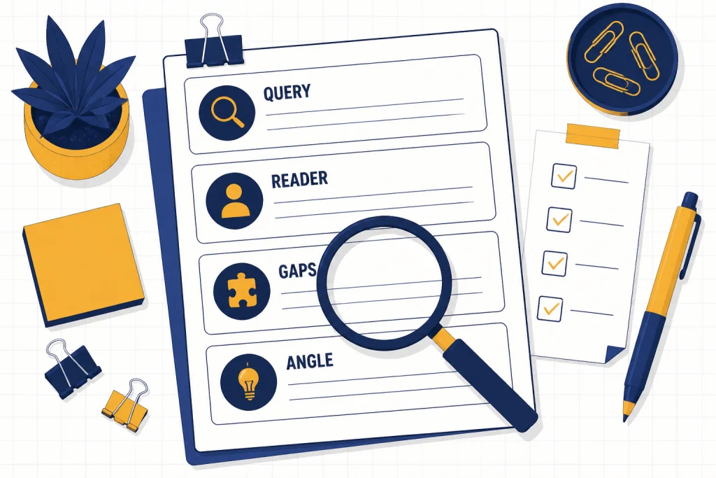 Search-intent brief with fields labeled QUERY, READER, GAPS, and ANGLE under a magnifying glass.