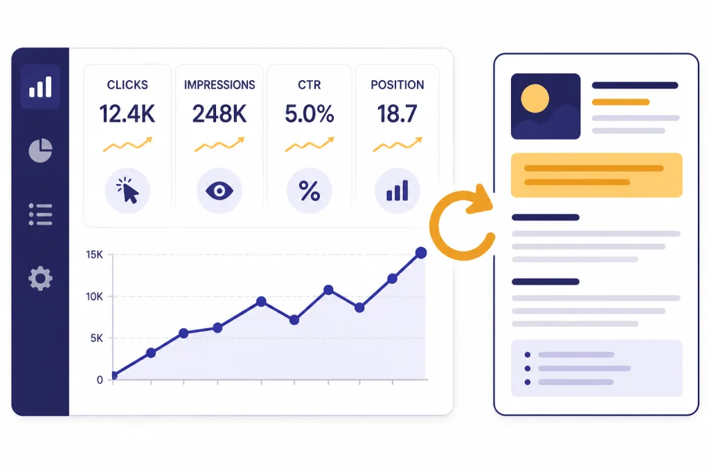 SEO Refresh Dashboard Performance dashboard with tiles labeled CLICKS, IMPRESSIONS, CTR, and POSITION pointing to a revised article.