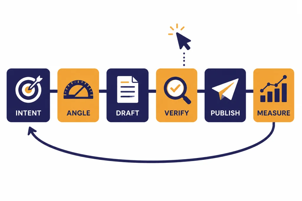 SEO Workflow Pipeline Pipeline labeled INTENT, ANGLE, DRAFT, VERIFY, PUBLISH, and MEASURE with feedback arrow.