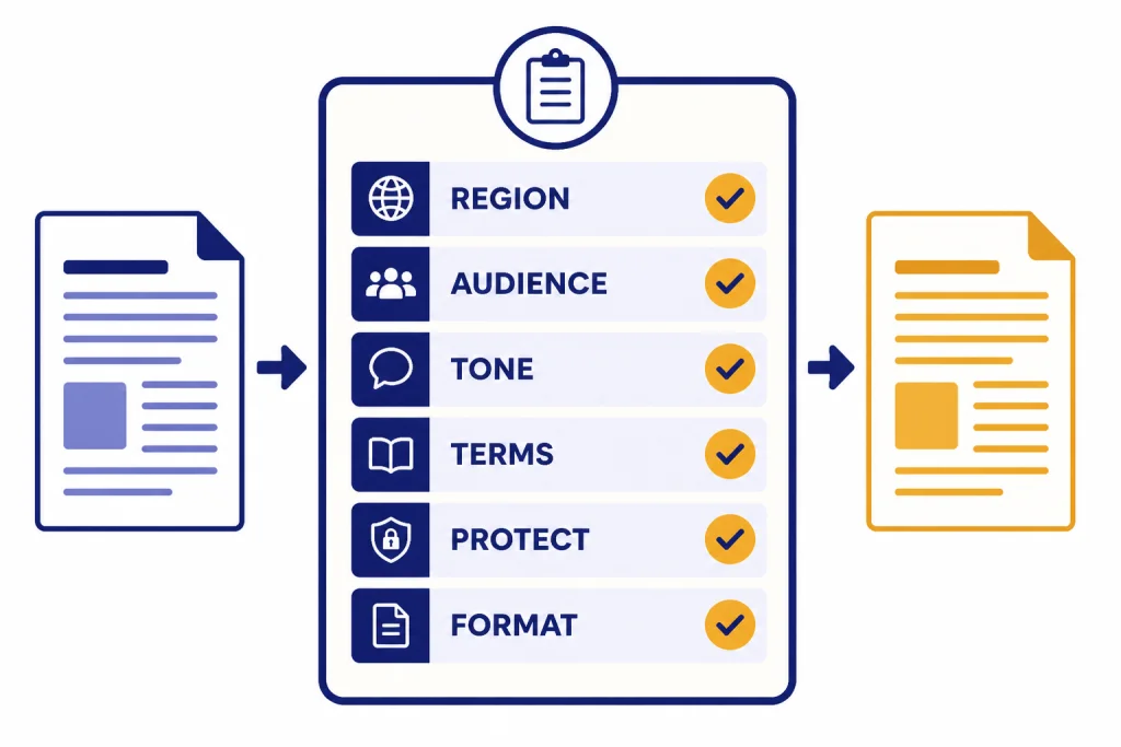 Translation brief form with fields labeled REGION, AUDIENCE, TONE, TERMS, PROTECT, and FORMAT.