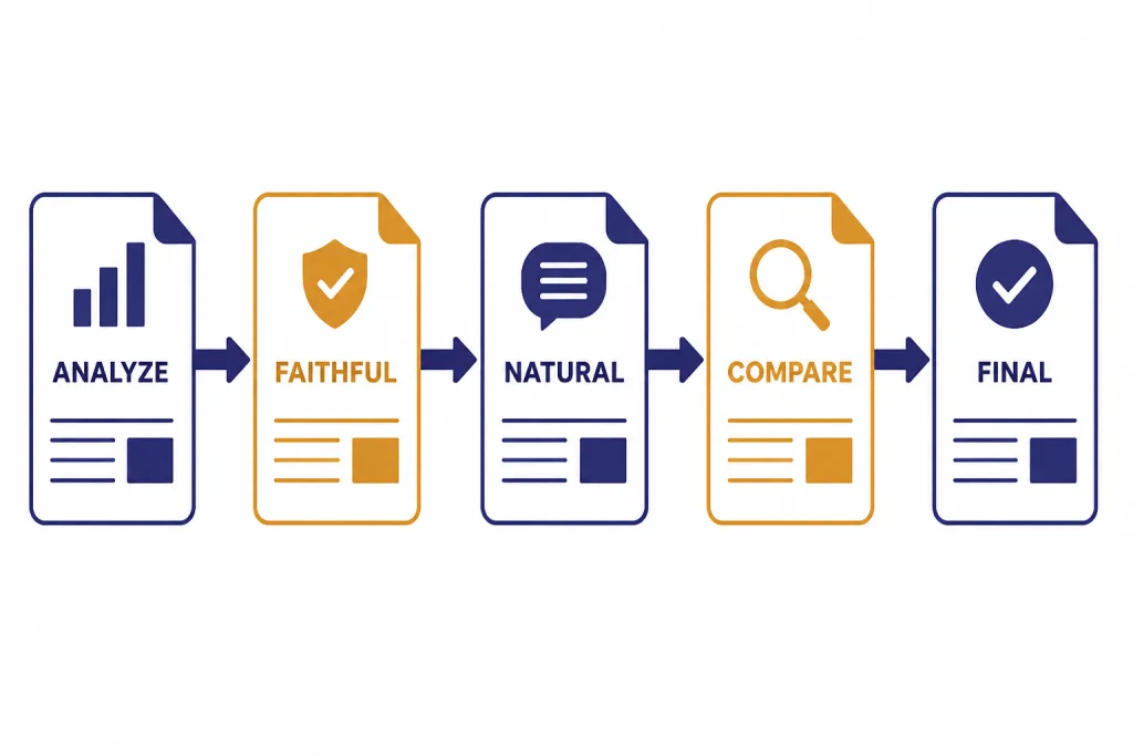 Controlled Translation Passes Five-stage pipeline labeled ANALYZE, FAITHFUL, NATURAL, COMPARE, and FINAL with document cards.