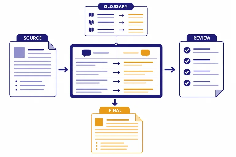 Workflow board labeled SOURCE, GLOSSARY, REVIEW, and FINAL with arrows from draft to checked translation.