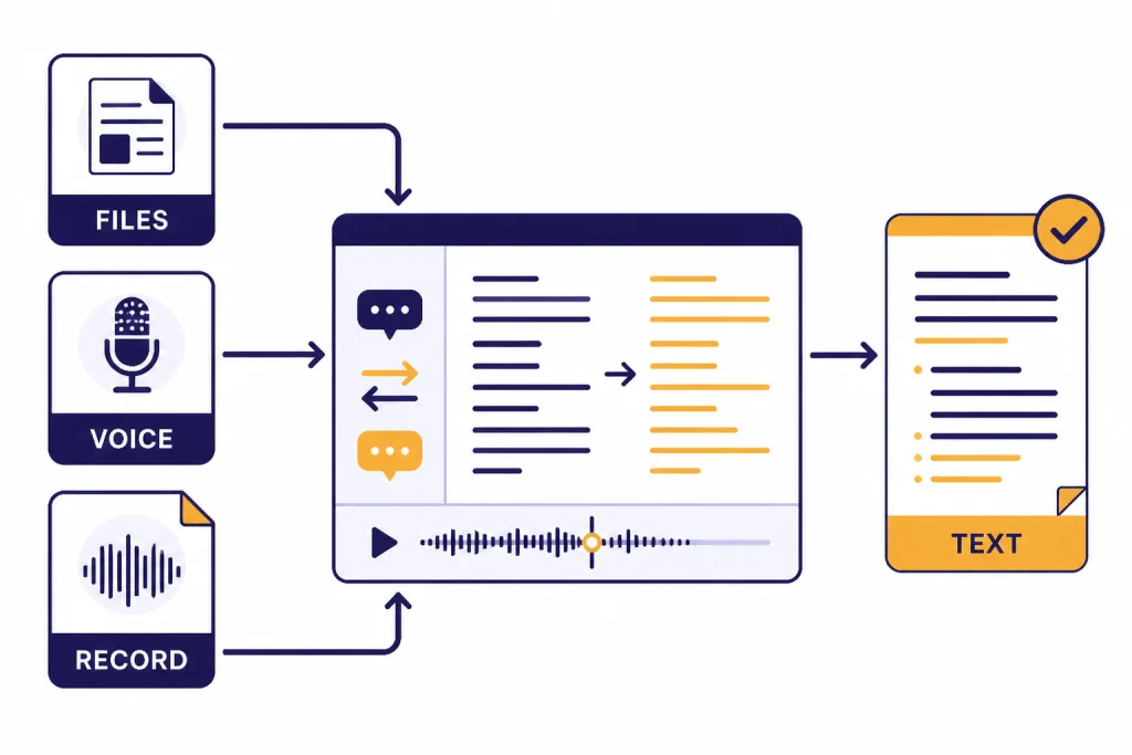 Files Voice Record Routing Routing diagram with input tiles labeled FILES, VOICE, and RECORD feeding a workspace and TEXT card.