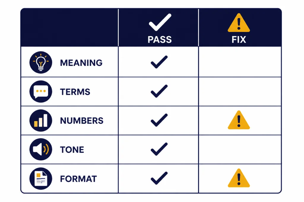 Quality matrix with columns labeled PASS and FIX, checkmarks, warning triangles, and review icons.