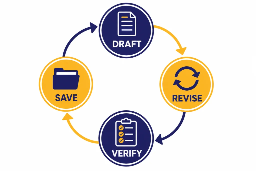 Verification Reuse Loop Circular workflow with nodes labeled DRAFT, REVISE, VERIFY, and SAVE, plus checklist and folder icons.