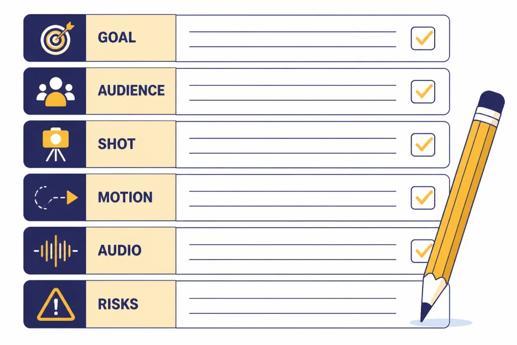 Video brief worksheet with rows labeled GOAL, AUDIENCE, SHOT, MOTION, AUDIO, and RISKS.