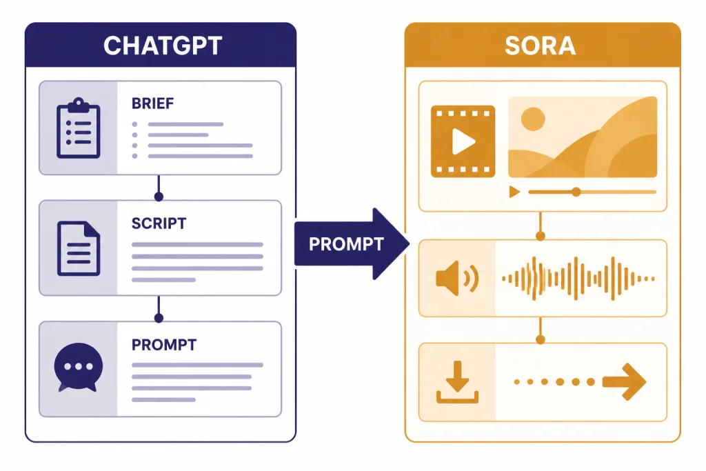 Two-lane workflow labeled CHATGPT and SORA, connected by a PROMPT arrow.