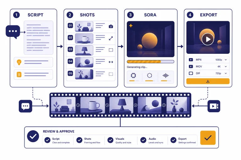 Workflow board with cards labeled SCRIPT, SHOTS, SORA, and EXPORT connected to a filmstrip timeline.