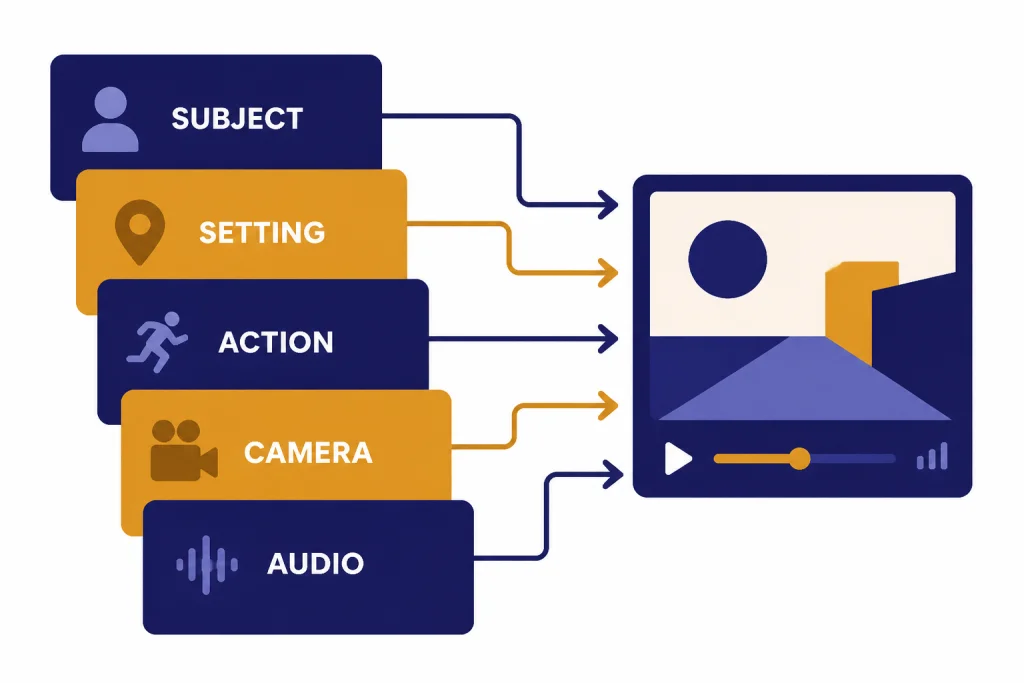 Prompt stack cards labeled SUBJECT, SETTING, ACTION, CAMERA, and AUDIO feeding a video frame.