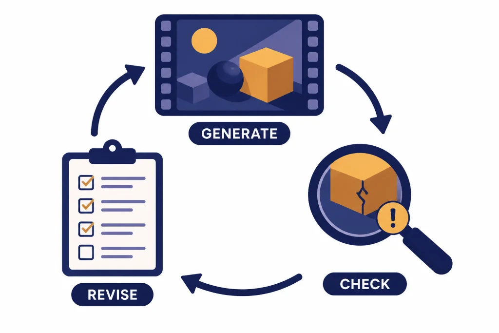 Video Revision Loop Revision loop with labels GENERATE, CHECK, and REVISE around a video frame and checklist.