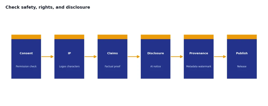 Process stages: Consent, IP, Claims, Disclosure, Provenance, Publish, each with a review descriptor.