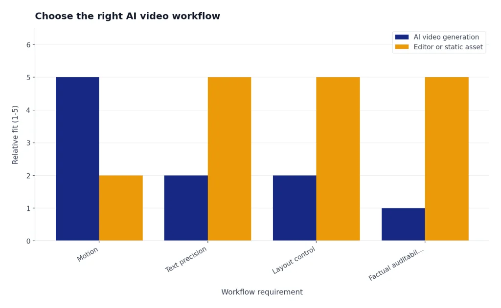 Grouped bars: AI video 5,2,2,1 vs editor/static 2,5,5,5 for motion, text, layout, facts.