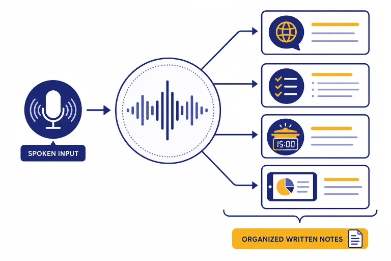 Voice waveform connected to language, checklist, cooking timer, and screen share cards.