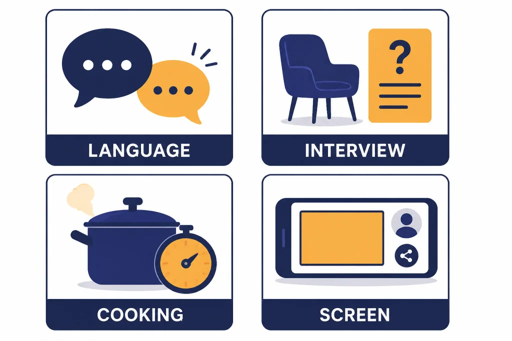 Four use-case tiles labeled LANGUAGE, INTERVIEW, COOKING, and SCREEN.