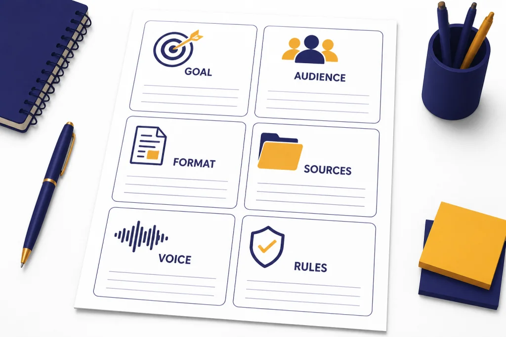 Writing brief template with fields labeled GOAL, AUDIENCE, FORMAT, SOURCES, VOICE, and RULES.