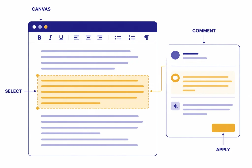 Canvas Section Edit Document editor labeled CANVAS with a selected paragraph, COMMENT card, and APPLY button.