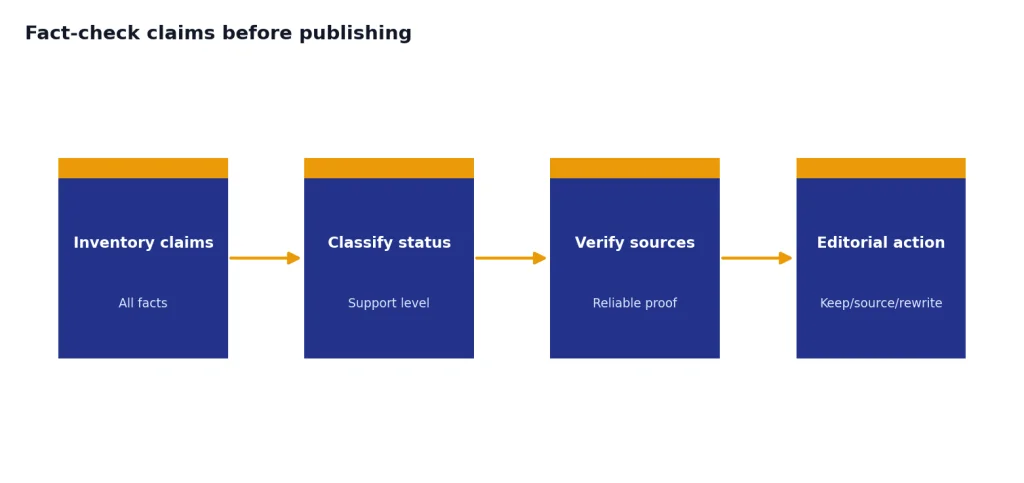 Process with 4 stages: Inventory claims, Classify status, Verify sources, Editorial action.
