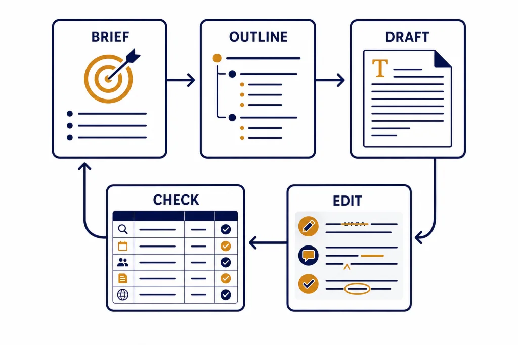 ChatGPT Writing Workflow Writing workflow board with cards labeled BRIEF, OUTLINE, DRAFT, EDIT, and CHECK connected in a loop.