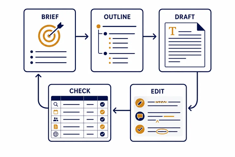 Writing workflow board with cards labeled BRIEF, OUTLINE, DRAFT, EDIT, and CHECK connected in a loop.