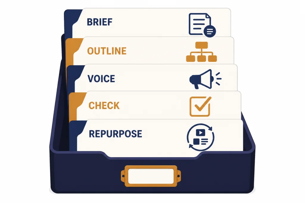 Prompt library file box with cards labeled BRIEF, OUTLINE, VOICE, CHECK, and REPURPOSE.