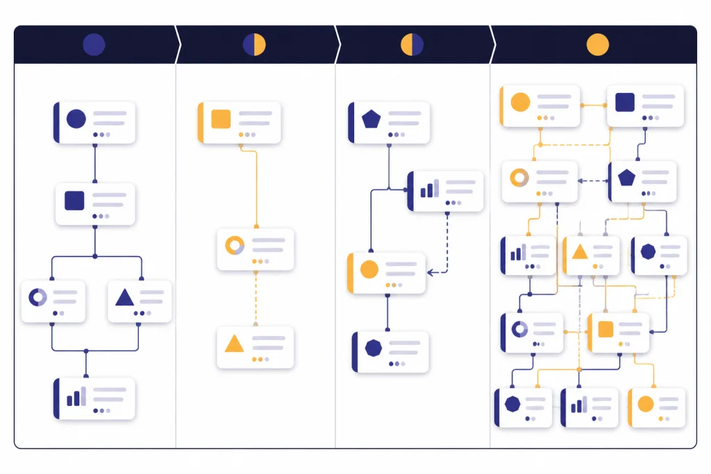 Monthly Changelog Timeline Four-column timeline table with many update cards and denser cards in the final column.