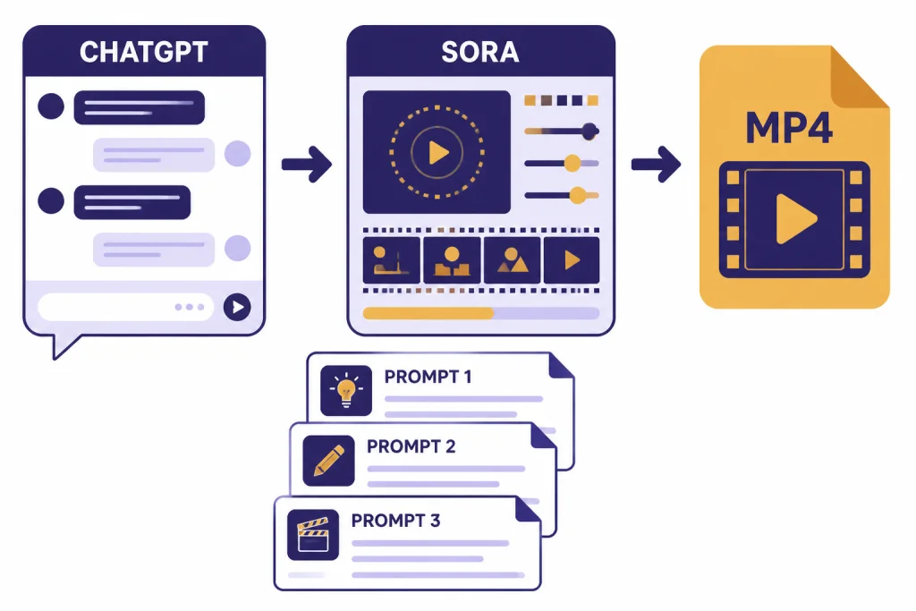 Flow from CHATGPT to SORA to MP4 with three prompt draft cards underneath.