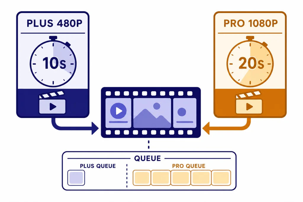 Sora Plan Limits Overview Two plan cards labeled PLUS 480P 10S and PRO 1080P 20S feed into a film-strip output panel.