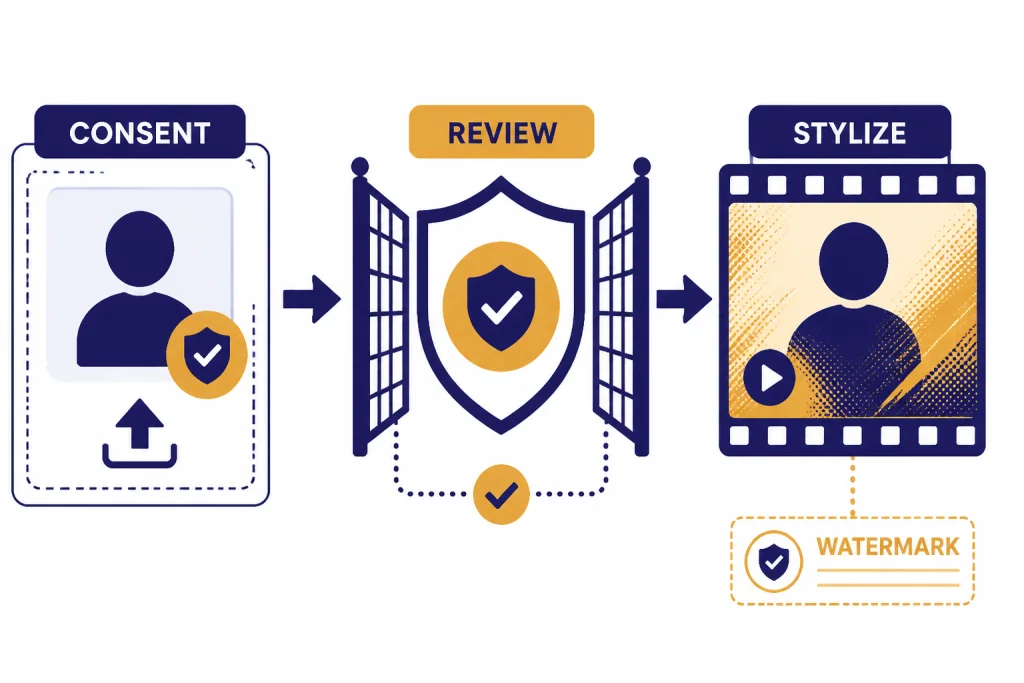 Guardrail flow with CONSENT, REVIEW, STYLIZE, and WATERMARK labels for person image-to-video.