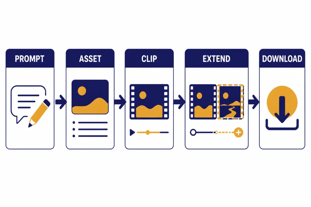 Storyboard strip labeled PROMPT, ASSET, CLIP, EXTEND, and DOWNLOAD with connected arrows.