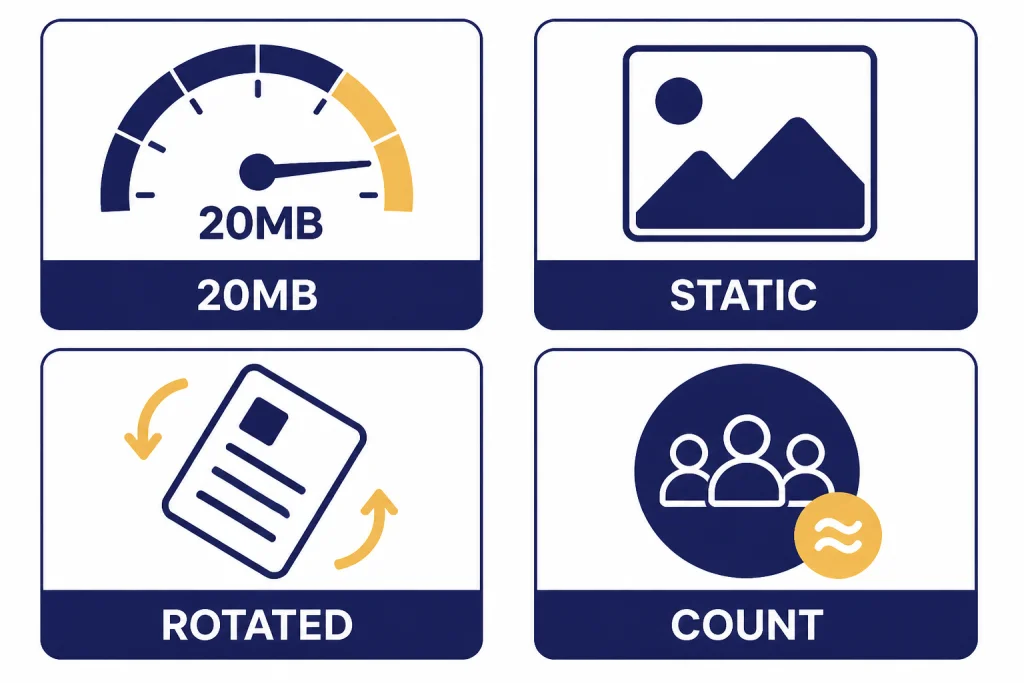 Limit dashboard with panels labeled 20MB, STATIC, ROTATED, and COUNT.