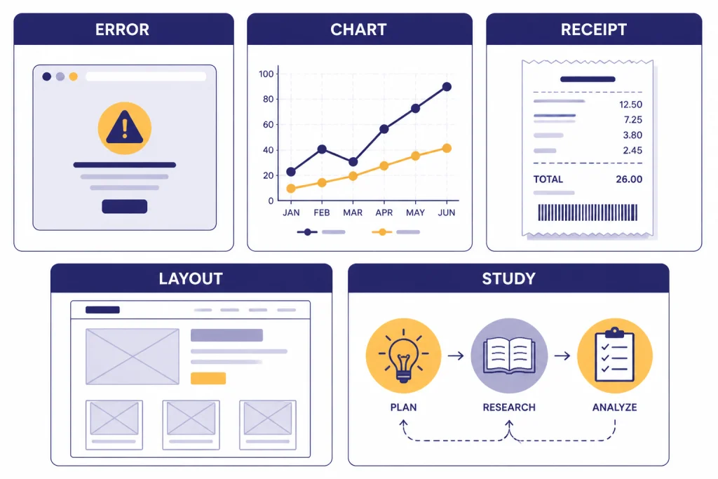 Vision Use Cases Five cards labeled ERROR, CHART, RECEIPT, LAYOUT, and STUDY for vision use cases.
