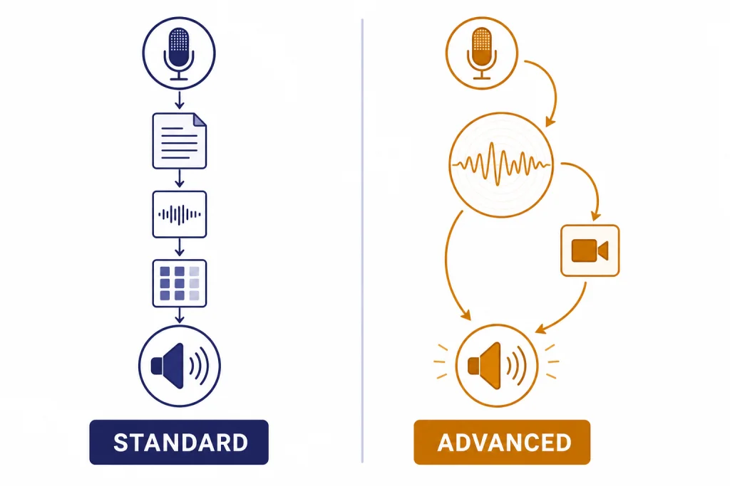 Standard and Advanced Voice Two voice pipelines labeled STANDARD and ADVANCED with microphone, document, waveform, camera, and speaker icons.