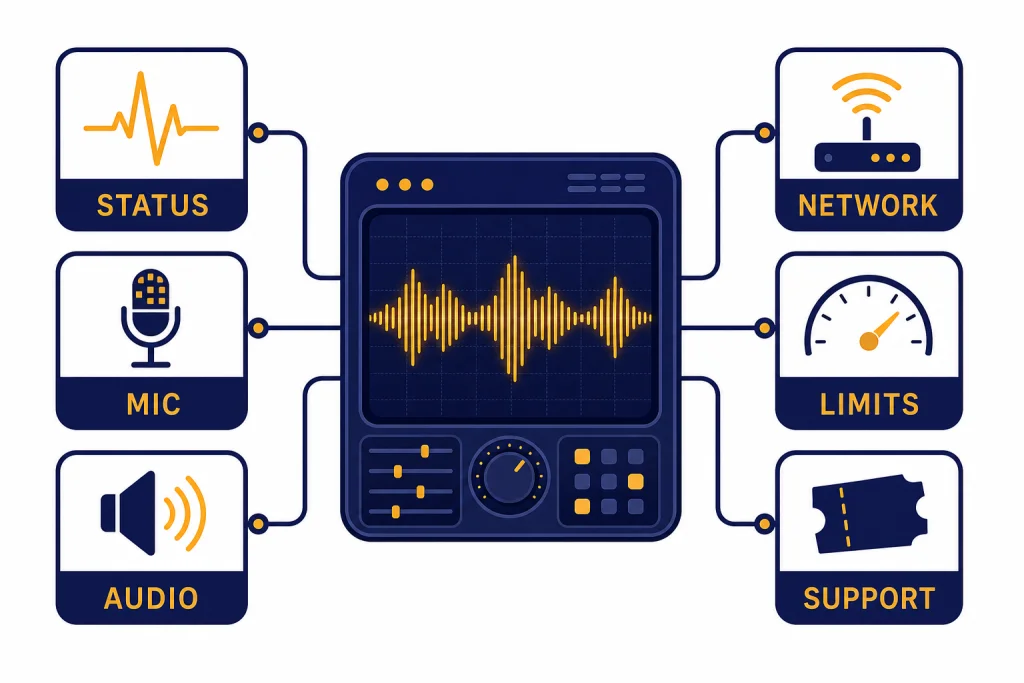 Voice Mode Diagnostic Console Voice waveform diagnostic console branching to tiles labeled STATUS, MIC, AUDIO, NETWORK, LIMITS, SUPPORT.