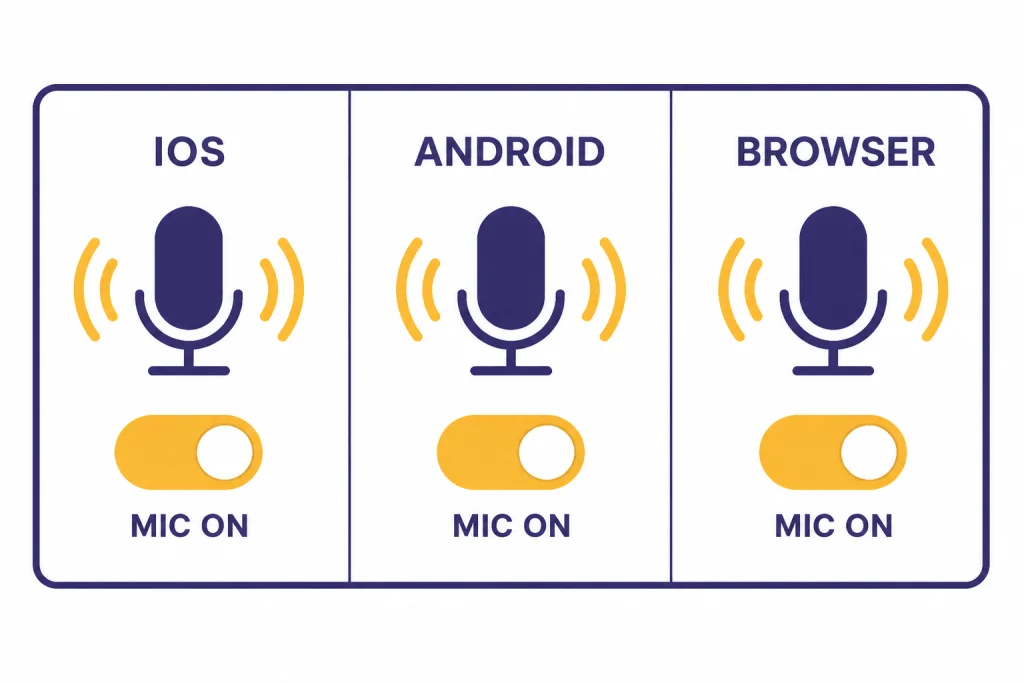 Microphone Permission Panel Permission panel with columns labeled IOS, ANDROID, BROWSER and microphone toggles labeled MIC ON.