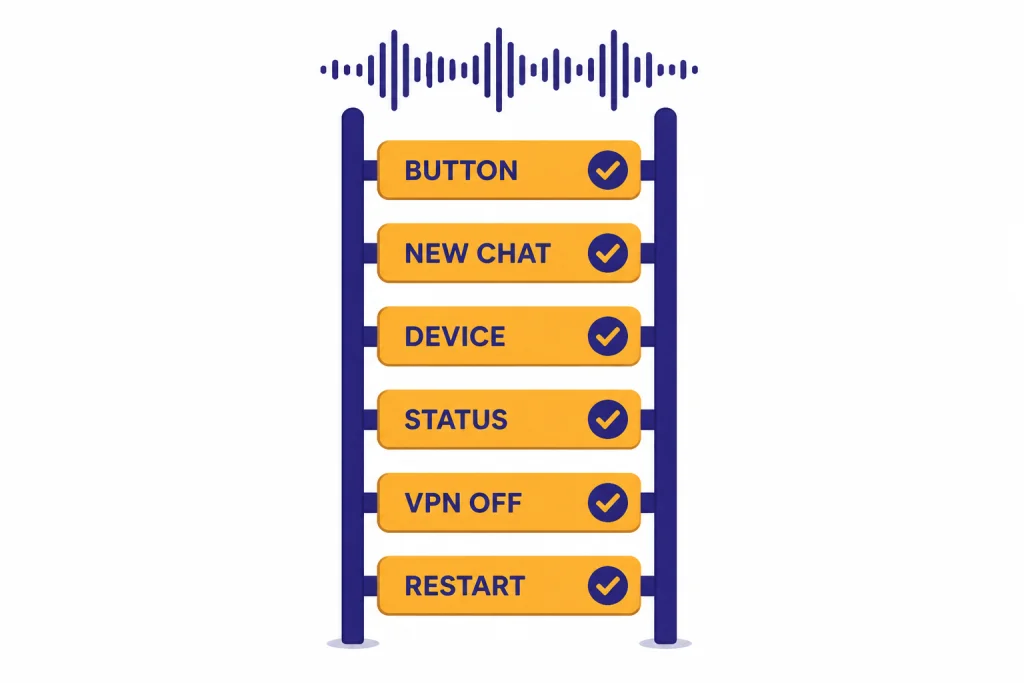 Voice Troubleshooting Ladder Troubleshooting ladder with rungs labeled BUTTON, NEW CHAT, DEVICE, STATUS, VPN OFF, RESTART.