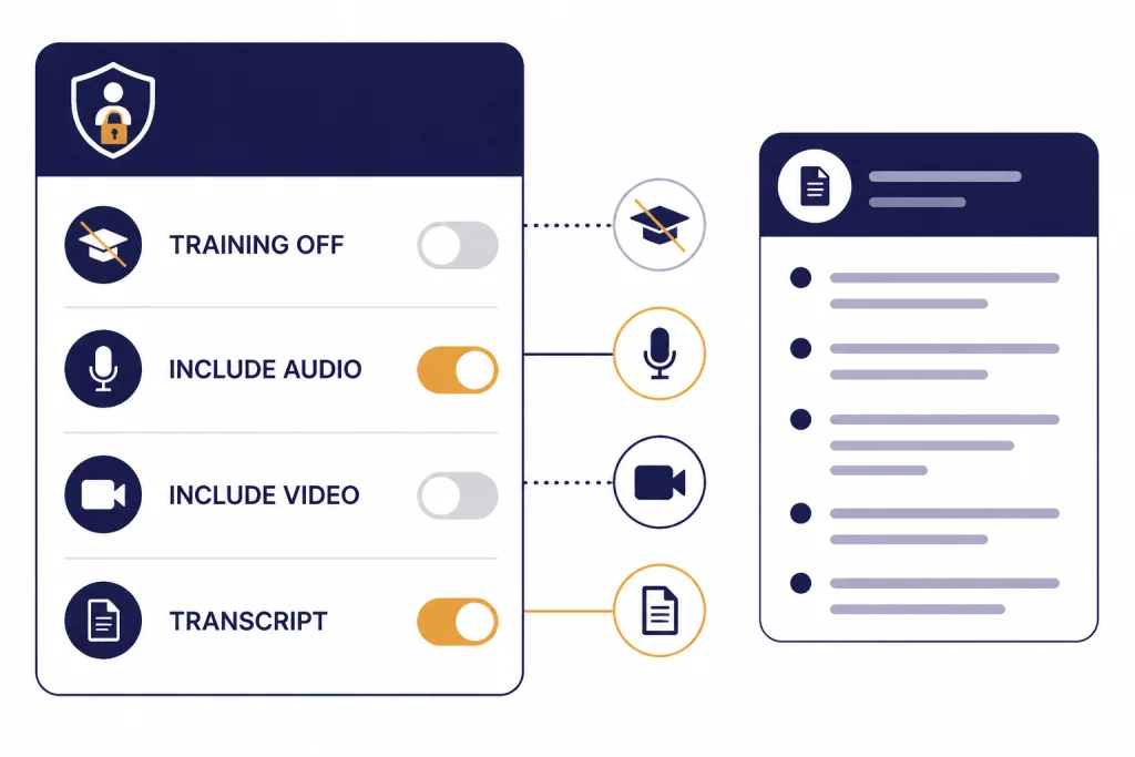 Privacy panel with toggles labeled TRAINING OFF, INCLUDE AUDIO, INCLUDE VIDEO, and a TRANSCRIPT card.
