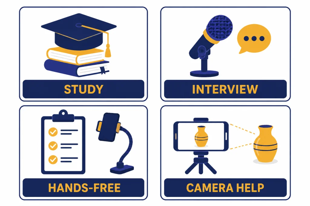 Best Voice Mode Uses Four use cards labeled STUDY, INTERVIEW, HANDS-FREE, and CAMERA HELP with matching icons.