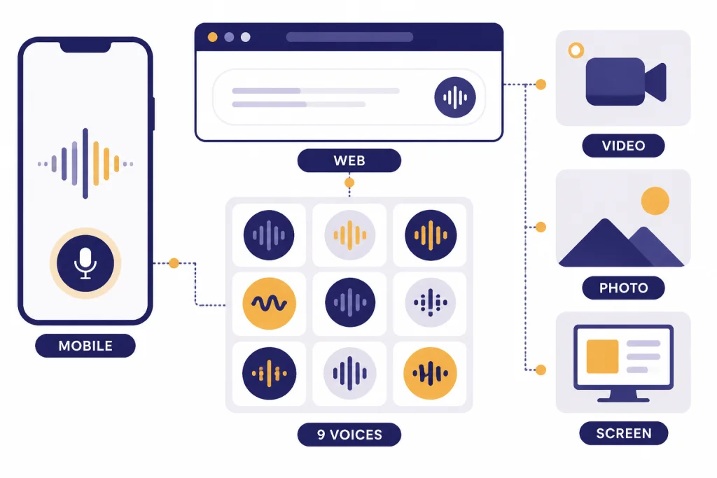 Voice Mode Feature Map Feature map with labels MOBILE, WEB, 9 VOICES, VIDEO, PHOTO, and SCREEN around voice controls.