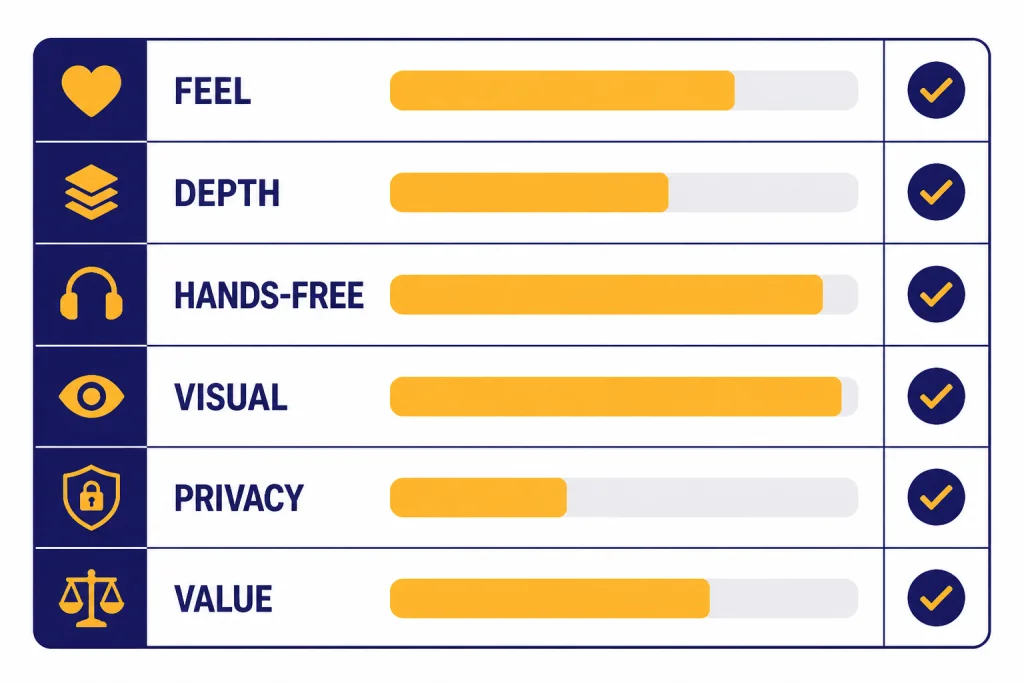 Voice Mode Scorecard Scorecard with bars labeled FEEL, DEPTH, HANDS-FREE, VISUAL, PRIVACY, and VALUE.