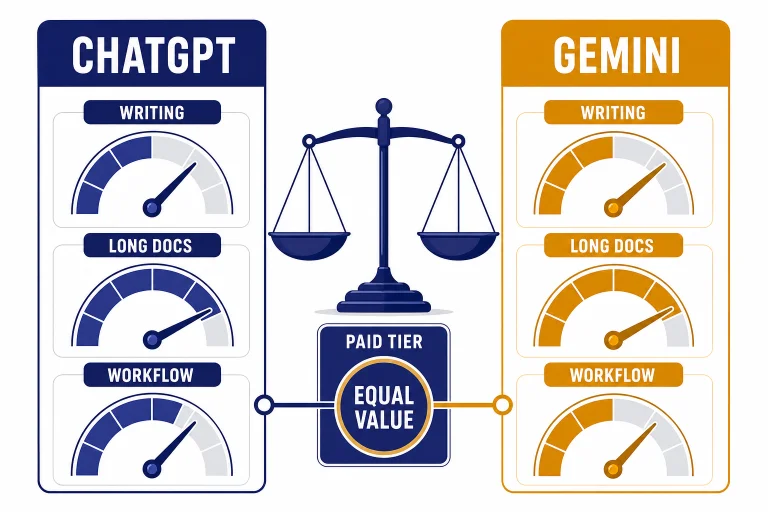 Decision board with columns labeled CHATGPT and GEMINI and gauges labeled WRITING, LONG DOCS, WORKFLOW.