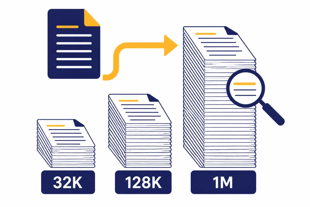 Three document stacks labeled 32K, 128K, and 1M, with a file icon pointing to the tallest stack.