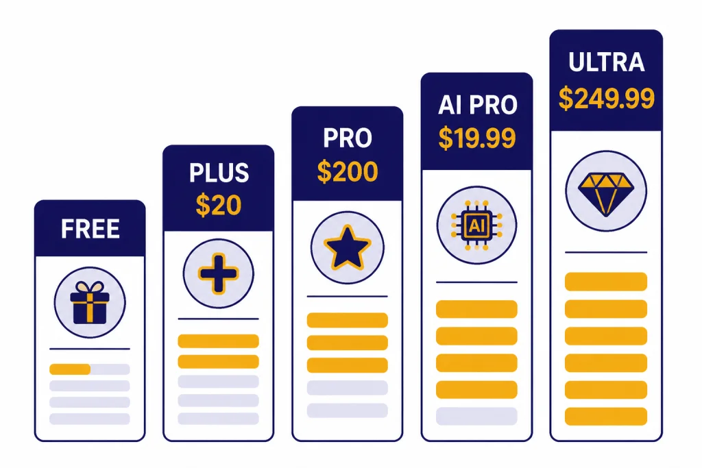 Five pricing cards labeled FREE, PLUS $20, PRO $200, AI PRO $19.99, and ULTRA $249.99.