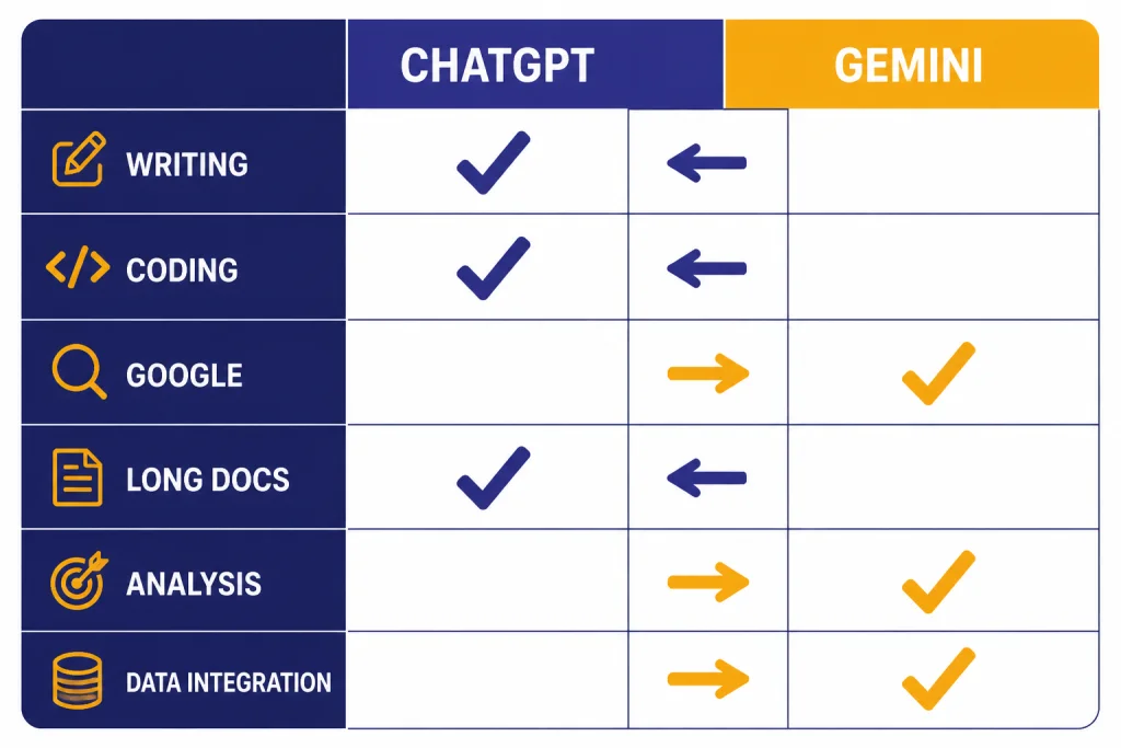 Quick Verdict Matrix Comparison matrix labeled CHATGPT and GEMINI with rows WRITING, CODING, GOOGLE, and LONG DOCS.