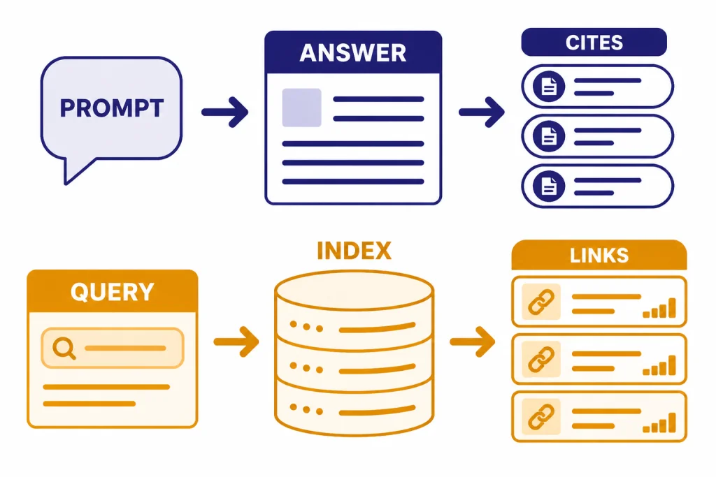 Answer And Search Pipelines Two pipelines labeled PROMPT, ANSWER, CITES and QUERY, INDEX, LINKS.