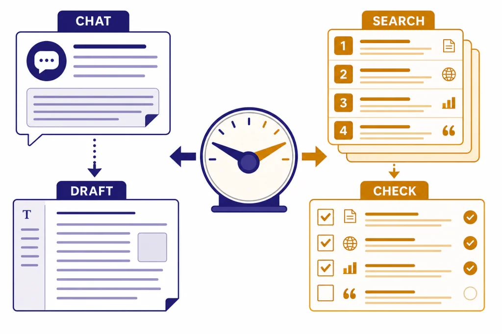 Chat Search Decision Workspace Split workspace labeled CHAT and SEARCH feeding SOURCES, DRAFT, and CHECK cards.
