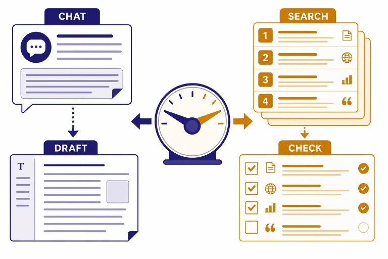Split workspace labeled CHAT and SEARCH feeding SOURCES, DRAFT, and CHECK cards.