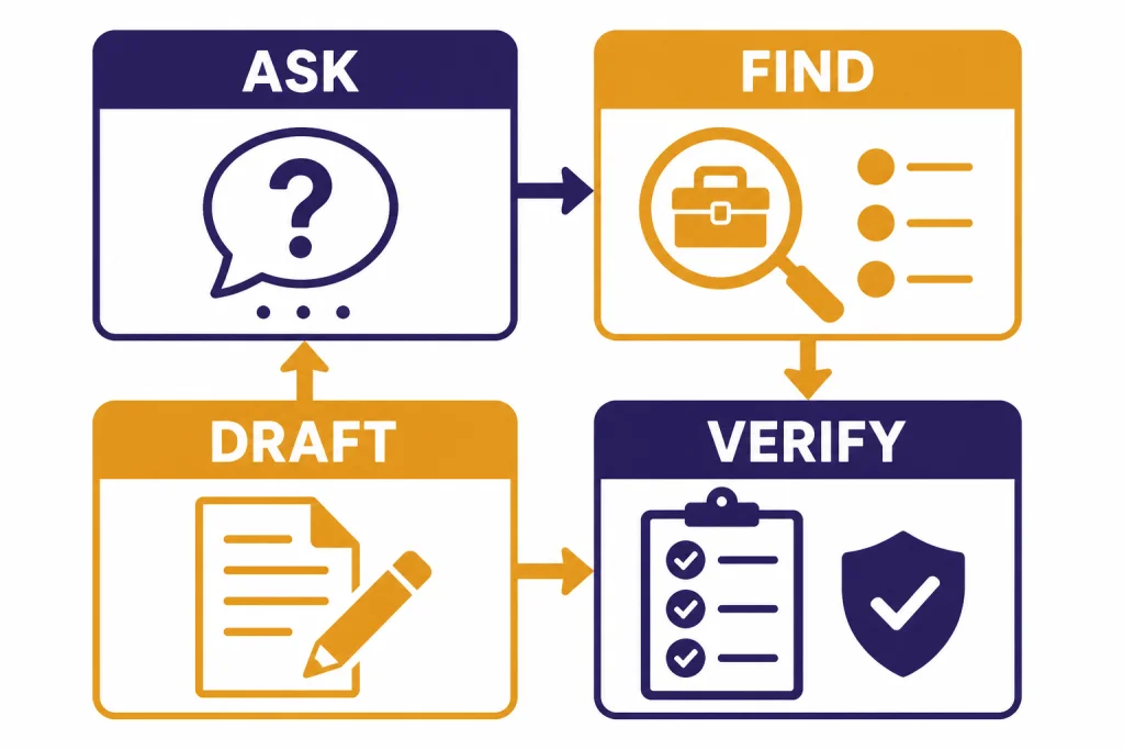 Four-card matrix labeled ASK, FIND, DRAFT, and VERIFY with arrows between related cards.