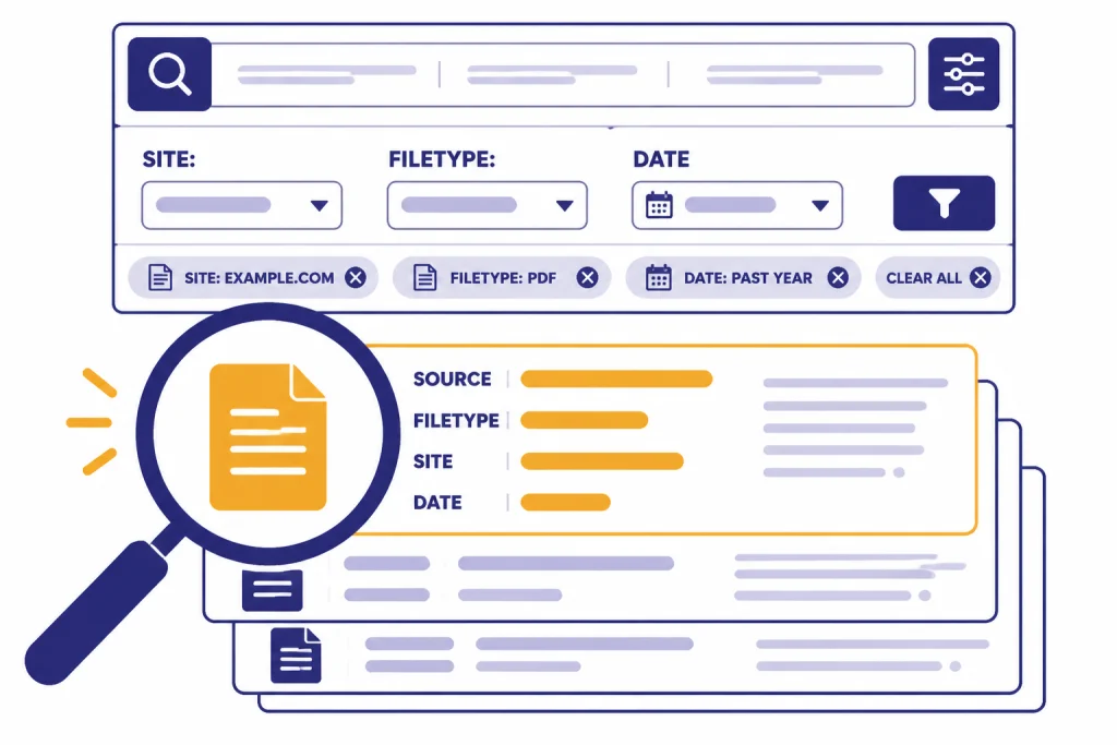 Advanced search panel labeled SITE:, FILETYPE:, DATE, and SOURCE above source result cards.